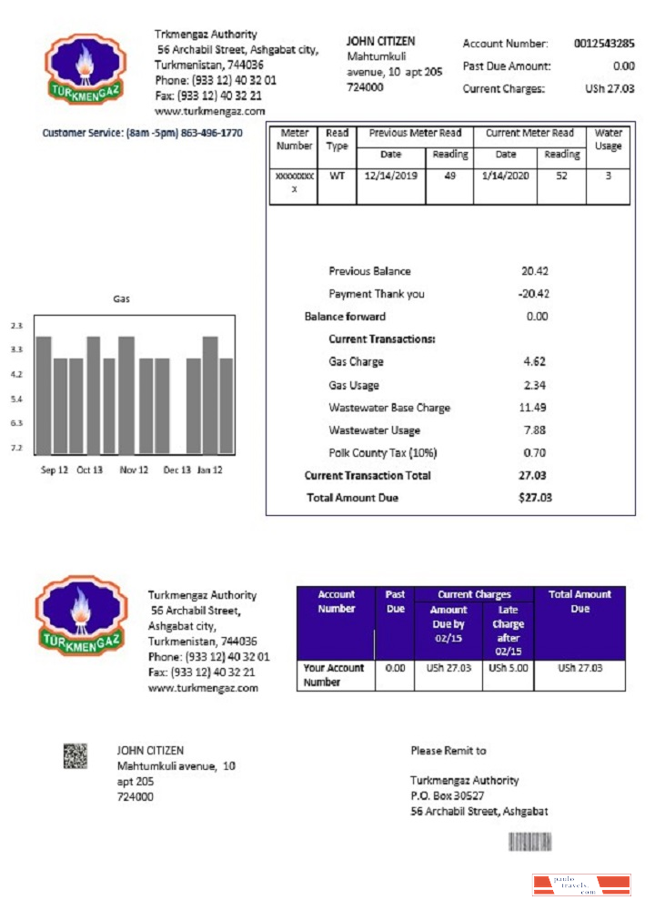 Turkmenistan Turkmengaz utility bill template in Word and PDF format